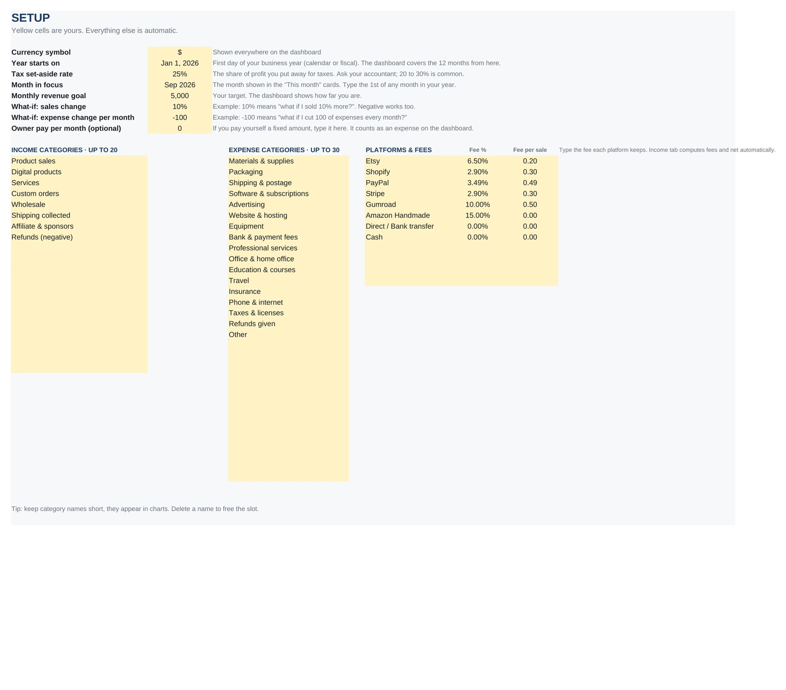Bookkeeping Tracker, Setup tab (sample data)