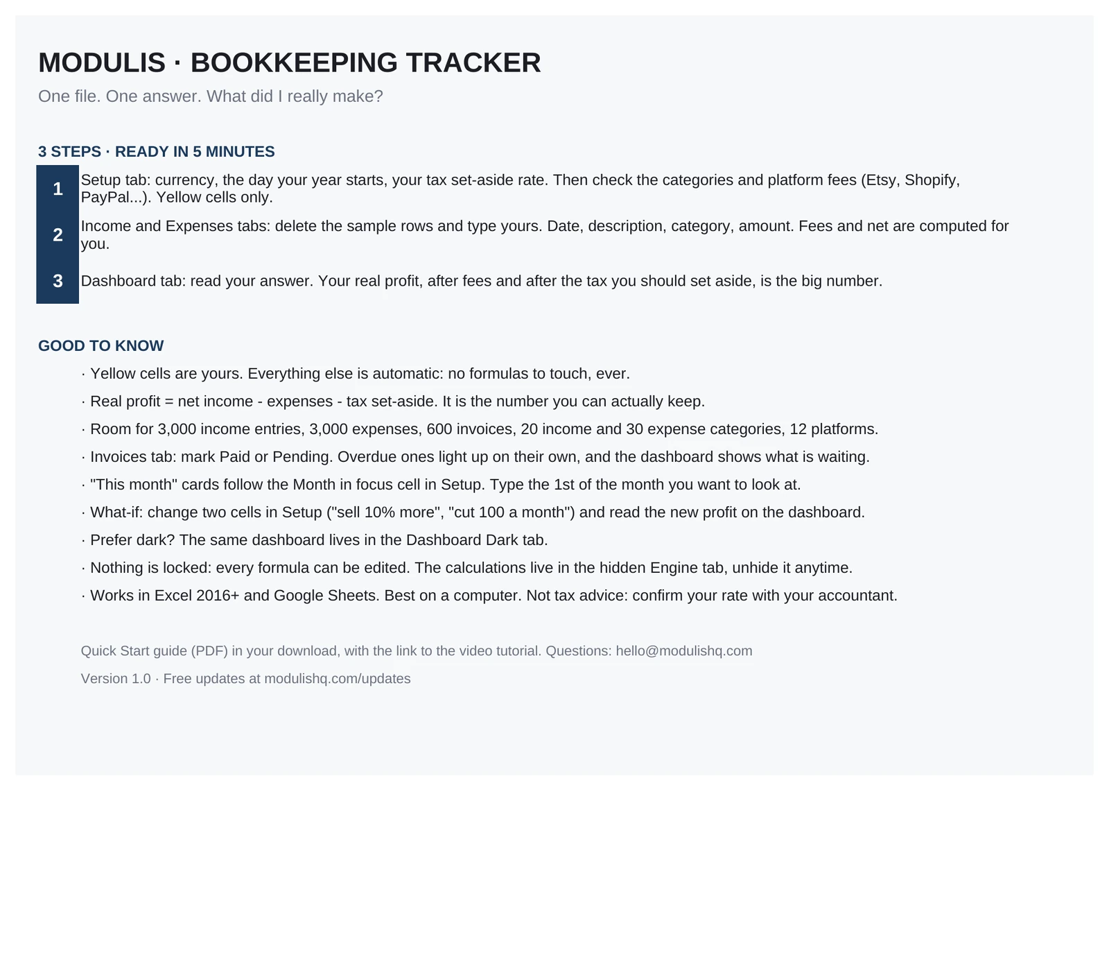 Bookkeeping Tracker, Start Here tab (sample data)