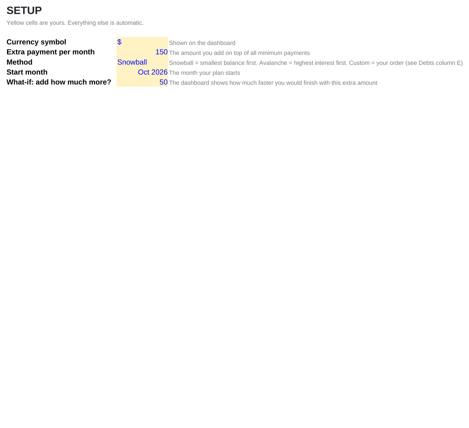 Debt Payoff Tracker, Setup tab (sample data)