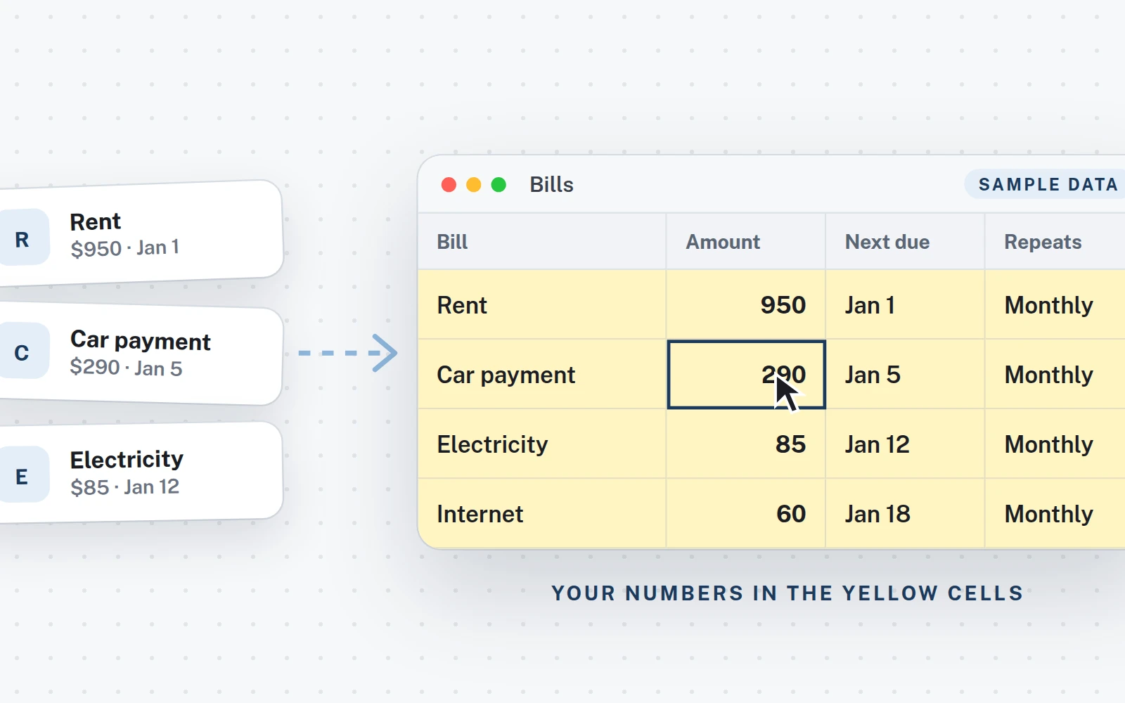 The Bills tab: yellow cells are yours (sample data)