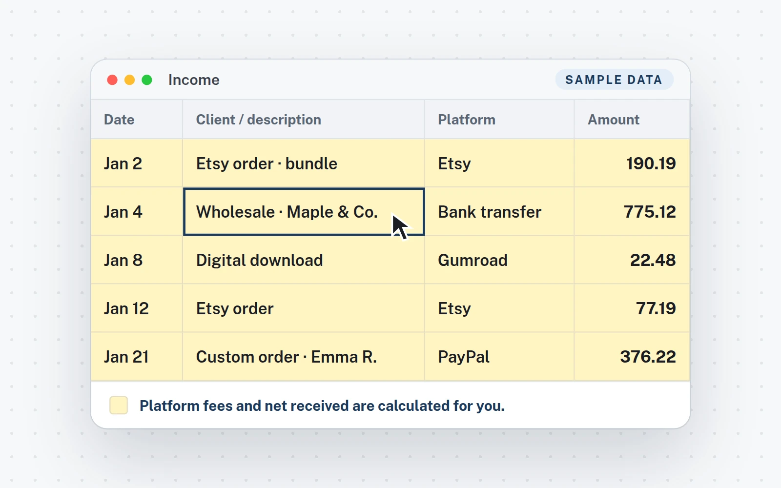 The Income tab (sample data)
