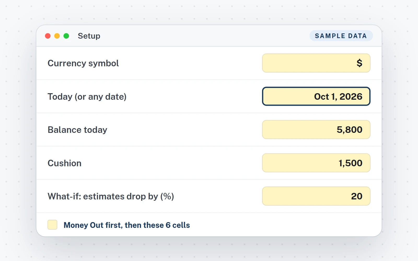 The Setup tab (sample data)