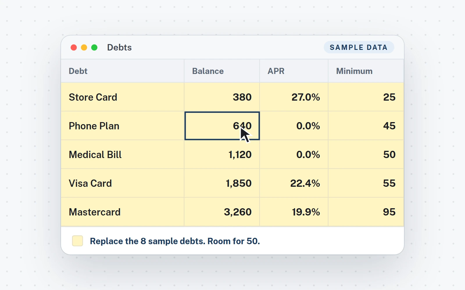 The Debts tab (sample data)