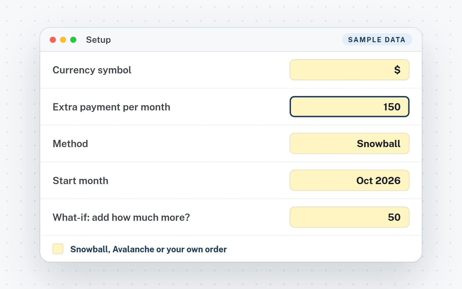The Setup tab (sample data)