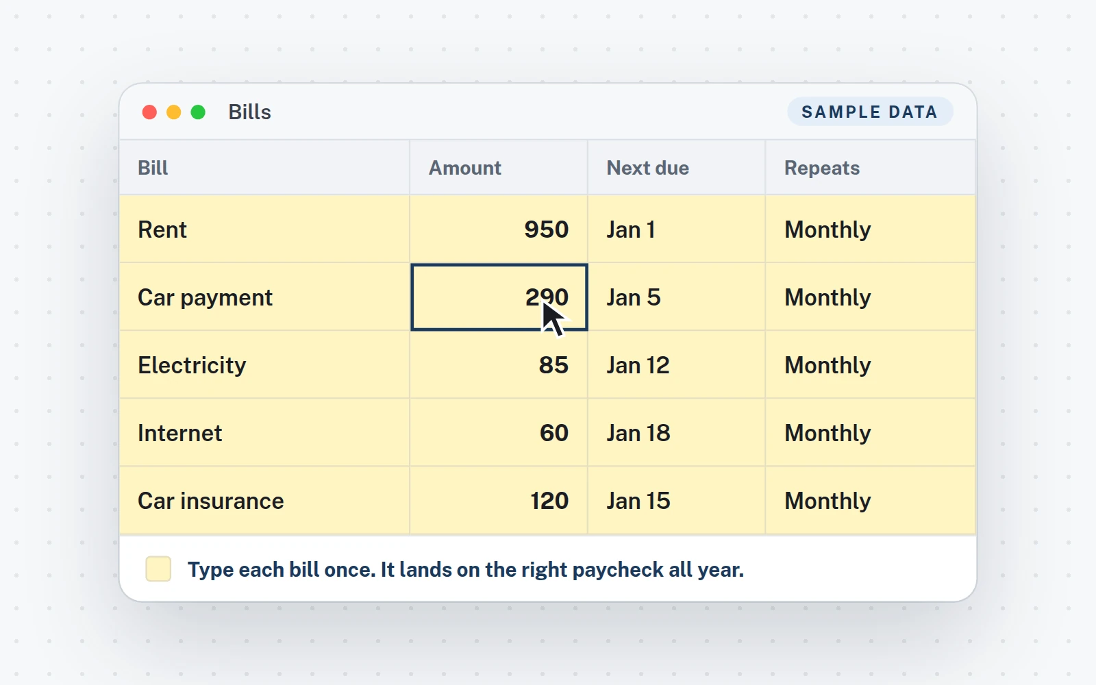 The Bills tab (sample data)
